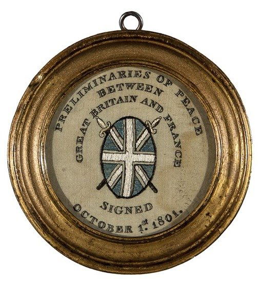 Box School, Wiltshire.-: Box School, Wiltshire.- [Peace of Amiens]. Preliminaries of Peace Between Great Britain and France Signed October 1st. 1801, circular silk embroidery of the shield of Britannia, framed and gla