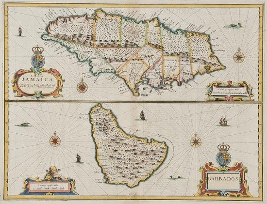 Speed (John) A Map of Jamaica [with] Barbados: Speed (John) A Map of Jamaica [with] Barbados,2 maps on 1 sheet, each with decorative title cartouches, compass roses, ships and sea monsters, engravings with hand-colouring, 390 x 505mm., cen