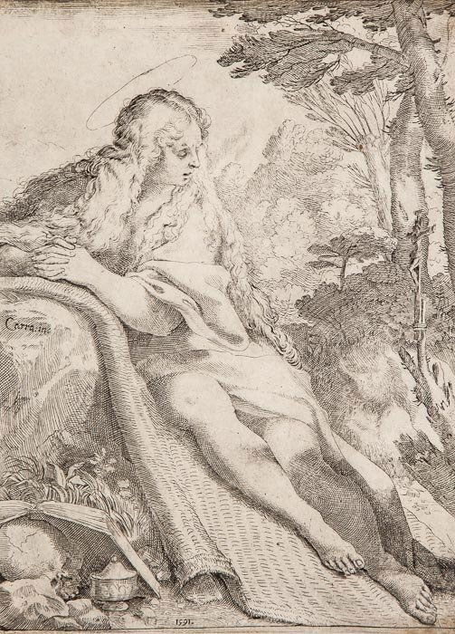 Annibale Carracci (1560-1609) Mary Magdalene in th: Annibale Carracci (1560-1609) Mary Magdalene in the wilderness,etching, on laid paper, c.1591, [B. 16], 215 x 160mm. (8 1/2 x 6 1/4 in); with the etching The birth of the Virgin, by Carlo Mara