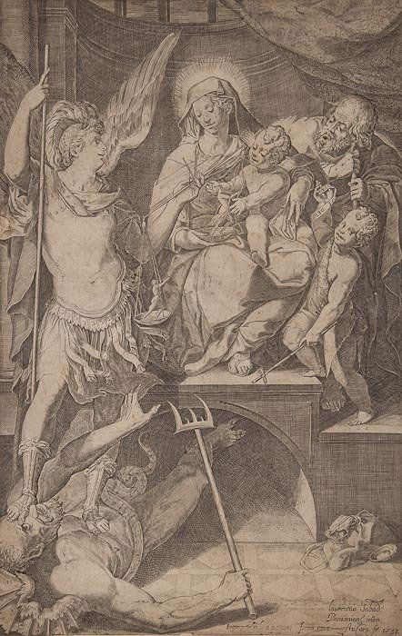 Annibale Carracci (1560-1609) Holy Family with St: Annibale Carracci (1560-1609) Holy Family with St John the Baptist and St Michael,engraving, after Lorenzo Sabbatini and Denys Calvaert, c.1582, [B. XVIII.188.12; Bohlin 2.I], 455 x 290mm. (17
