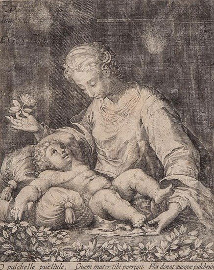 Aegidius Sadeler II (1570-1629) Virgin holding a r: Aegidius Sadeler II (1570-1629) Virgin holding a rose in her right hand and contemplating Christ Child,engraving, after Parmigianino, c.1625, 13 x 10.5cm (5 x 4 1/4 in); with a 17th century en