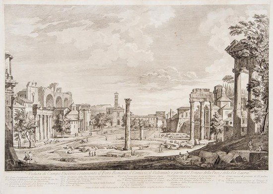 Francesco Panini (1745-1812) Veduta di Campo Vacci: Francesco Panini (1745-1812) Veduta di Campo Vaccino,with a view of the facade of St Peter's, and 2 views of the Villa Albani, engravings, 1765-80, Rome, each c.480 x 700mm. (18 7/8 x 27 1/2 i