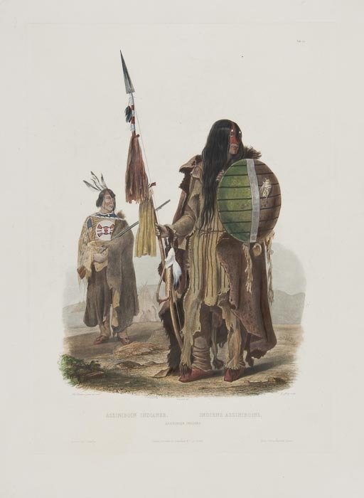 Karl Bodmer (1809-1893) Assiniboin Indians: Karl Bodmer (1809-1893) Assiniboin Indians,plate 32 from Travels in the Interior of North America, by Prince Maximilian zu Wied-Neuwied, etching with aquatint and roulette work, hand-coloured,