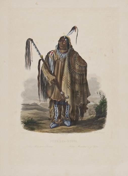 Karl Bodmer (1809-1893) Pehriska-Ruhpa: Karl Bodmer (1809-1893) Pehriska-Ruhpa,full-length portrait, plate 17, etching with aquatint and roulette work, hand-coloured, on wove paper, Bodmer's blindstamp, c.1841, 510 x 370mm. (20 x 14
