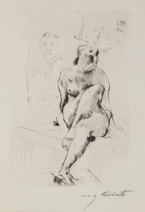 Lovis Corinth (1858-1925) Seated nude: Lovis Corinth (1858-1925) Seated nude,etching with drypoint, on J.W. Zanders laid paper, signed in pencil lower right, 280 x 190mm. (11 x 7 1/2 in); with Female nude in chair, lithograph, on w