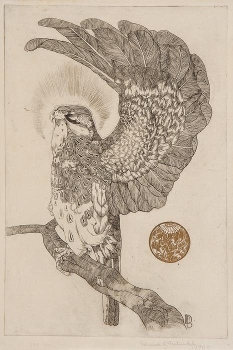 Edward Julius Detmold (1883-1957) The Phoenix: Edward Julius Detmold (1883-1957) The Phoenix,a falcon perched on a branch with raised wing above a circular gold dandelion motif, etching on japan tissue, signed and dated 1900, lower right,
