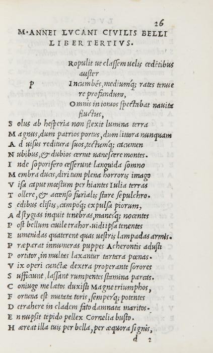Lucanus (Marcus Annaeus) [Pharsalia]: Lucanus (Marcus Annaeus) [Pharsalia],edited by Aldus Manutius, second Aldine edition, italic type, capital spaces with guide-letters, woodcut printer's device to verso of final f., early ink s