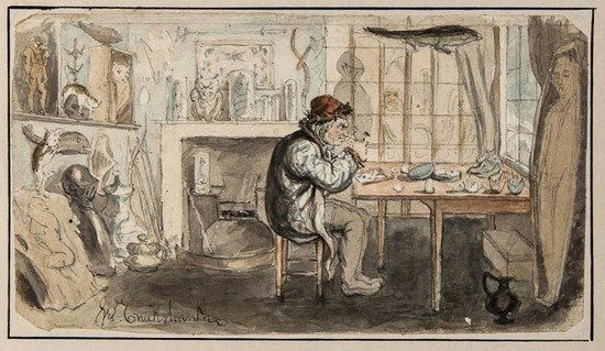 Cruikshank (George) and others, by or after. [Orig: Cruikshank (George) and others, by or after. [Original Drawings], six original watercolour over pen & ink or pencil drawings, each bearing signature of George Cruikshank, mounted on card leav