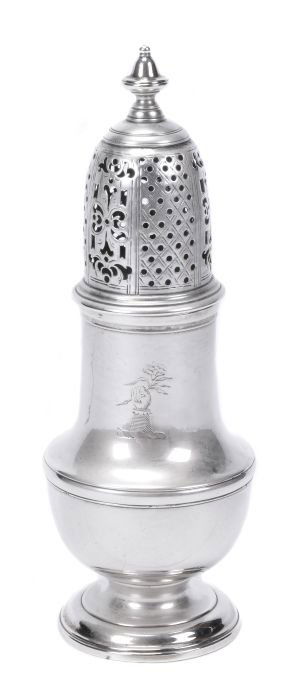 A late George II silver vase shape sugar caster, p: A late George II silver vase shape sugar caster, probably by John Wirgman, London 1753, with a turned finial, a dot and scroll pierced domed cover, moulded rim, girdle and foot, engraved with