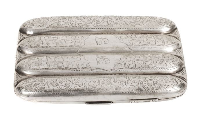 A silver four division cigar case by Joseph Gloste: A silver four division cigar case by Joseph Gloster Ltd, Birmingham 1912, engraved with scroll and ivy foliage and 'FJ' to a shield reserve, the interior gilt, 13cm (5 1/8in) long, 163g (5.2