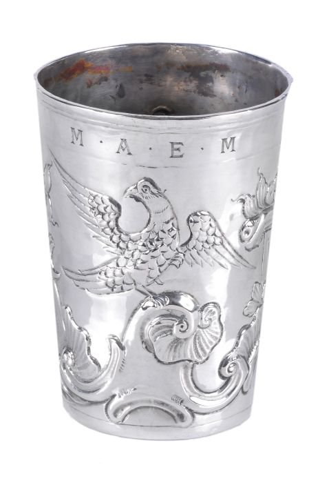 A late 18th century Russian silver tapered beaker: A late 18th century Russian silver tapered beaker by Andrei Dementiev, Moscow 1791, assay master Alexei Viklyayev, with a slightly flared rim, embossed with an eagle, a pillar with flowers an
