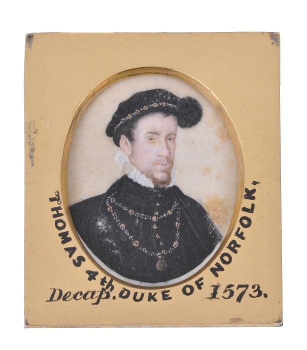 John Robinson after English School (16th century): John Robinson after English School (16th century) Thomas Howard, 4th Duke of Norfolk, shoulder length Inscribed verso 6.3cm x 5cm, oval In a titled gilt wood slip After the 1562 portrait