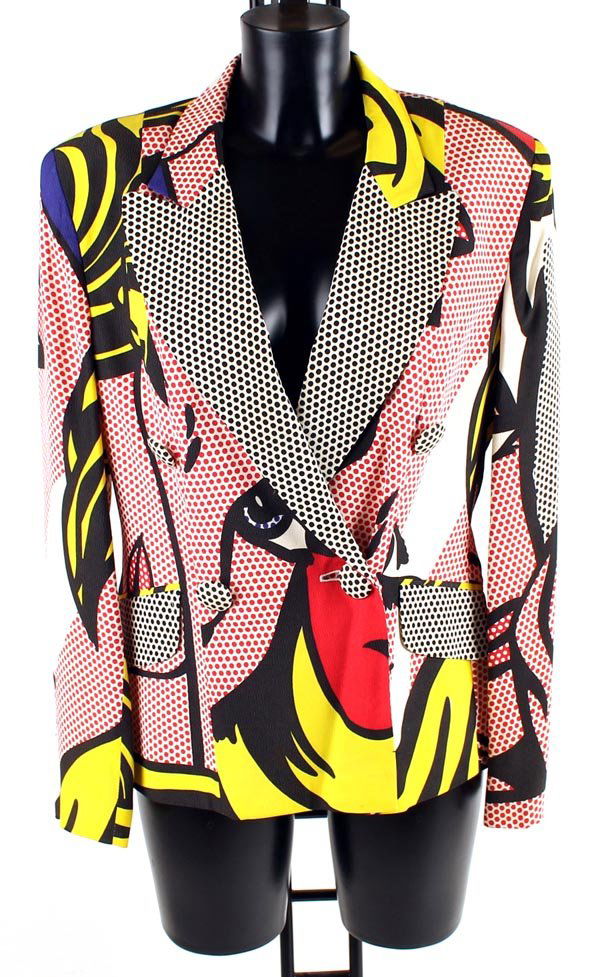 Moschino, Cheap & Chic, a Lichtenstein print pop-a: Moschino, Cheap & Chic, a Lichtenstein print pop-art jacket, 1991, with overall outsized newspaper-type print and 'Domani e'un altro Giorno' to back, lined in satin and printed `Primavera Est