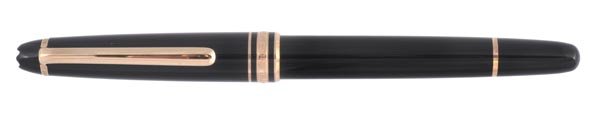 Montblanc, Meisterstuck 142, a black resin fountai: Montblanc, Meisterstuck 142, a black resin fountain pen, with rolled gold cap band and clip, numbered KB 156701 W - Germany, and 14 carat two colour nib, cartridge converter, in a Montblanc b