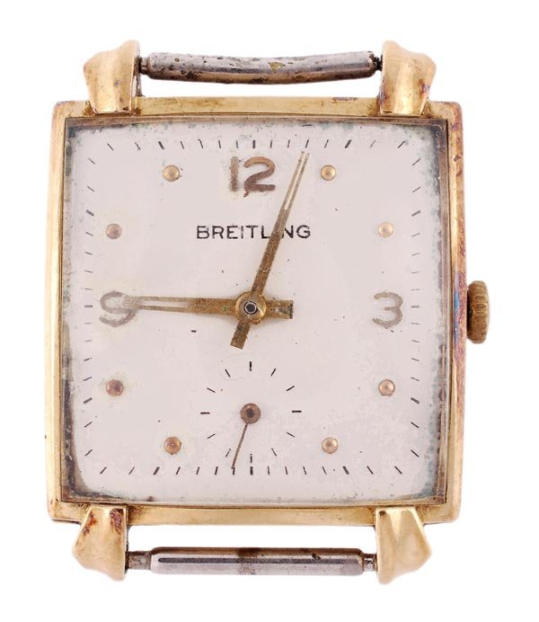 Breitling, a gentleman's 18 carat gold wristwatch: Breitling, a gentleman's 18 carat gold wristwatch, circa 1948, ref. 183 no.397036, the two piece square case with cream dial, applied gilt, Arabic and dot numerals, and baton hands, and subsi