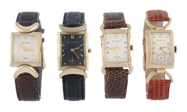 Bulova, a gold filled wristwatch, 1944, no. 860619: Bulova, a gold filled wristwatch, 1944, no. 8606197, the two piece rectangular case with articulated stirrup lugs, the silvered dial with applied gilt Arabic numerals, Modern hands, and subsi