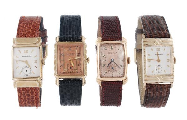 Bulova, a 14 carat gold wristwatch, circa 1946, no: Bulova, a 14 carat gold wristwatch, circa 1946, no. 7172835, the two piece rectangular case stamped '14k', the pink gold dial with painted cream 3D effect Arabic numerals, fils hands and subs