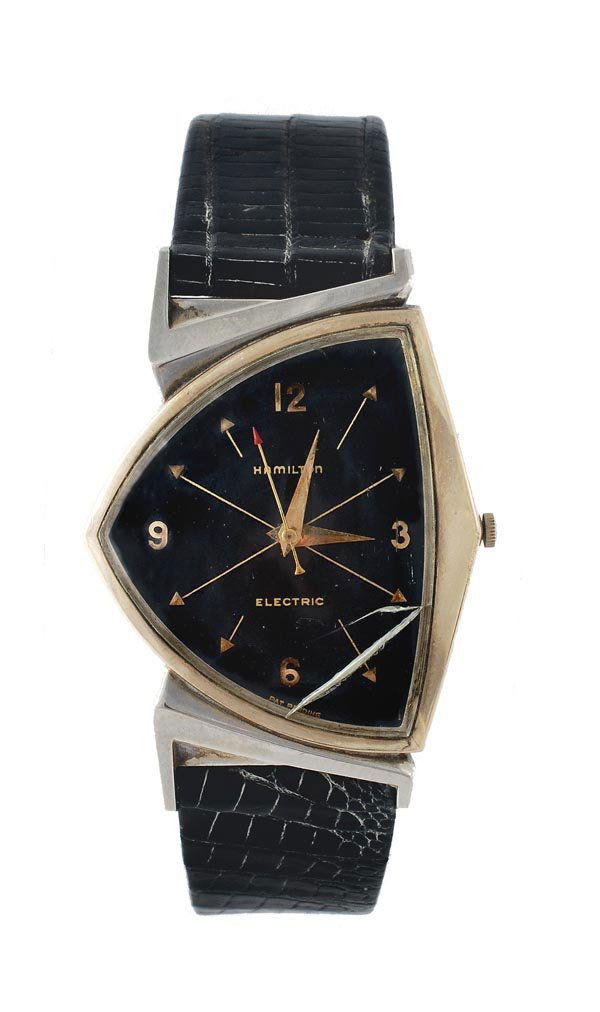 Hamilton, Pacer, a gentleman's gold filled electri: Hamilton, Pacer, a gentleman's gold filled electric wristwatch, circa 1958, the asymmetrical case two piece case with white gold filled lugs, the black dial with rare crosshairs from 10 to 4,