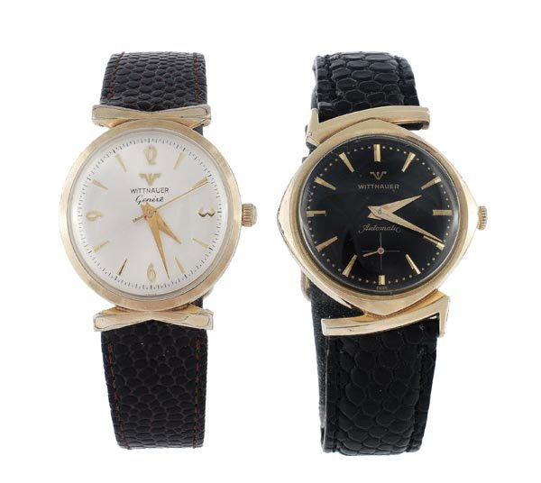 Wittnauer, a 1950s gold filled and stainless steel: Wittnauer, a 1950s gold filled and stainless steel automatic wristwatch, the two piece circular case with sculpted asymmetrical lugs, the black dial with applied gilt markers, Dauphine hands