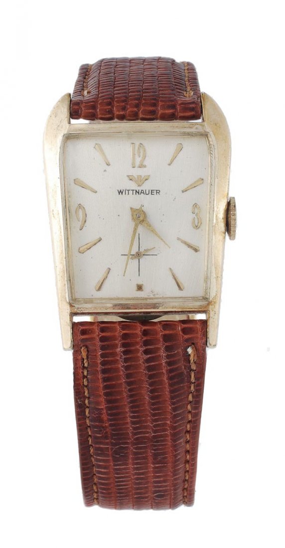 Wittnauer, a 1950s gold filled wristwatch, no. 400: Wittnauer, a 1950s gold filled wristwatch, no. 4002169, the two piece trapezium case with textured silver dial, applied lozenge and Arabic numerals, and tapered hands, and subsidiary seconds