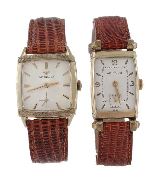 Two Wittnauer 1940s gold filled wristwatches, the: Two Wittnauer 1940s gold filled wristwatches, the first, no. 854559, with a tonneau case, matte silvered dial with applied baton and Arabic numerals, and baton hands, the 17 jewel Wittnauer m