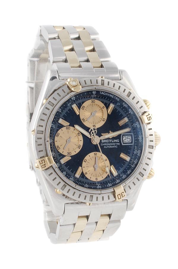 Breitling, Chronograph, a gentleman's stainless tw: Breitling, Chronograph, a gentleman's stainless two colour wristwatch, circa 2000, ref. B13352, no. 539249, the two piece screw down case with rotating bezel, blue dial, gold subsidiary dials