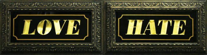 Ryan Callanan (Ryca) (British, b.1981) and Ben Ein: Ryan Callanan (Ryca) (British, b.1981) and Ben Eine (British, b.1970) LOVE/HATE, 2012 Screen printed glass, 23ct gold leaf on composite board within a timber frame, Signed by both artists,