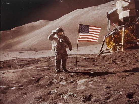 David Scott: David Scott James Irwin salutes the U.S. flag near the Lunar Module and Rover, Apollo 15, August 1971 Large-format vintage chromogenic print, 21.5 x 27cm (8 1/2 x 10 3/4in), mounted on card a