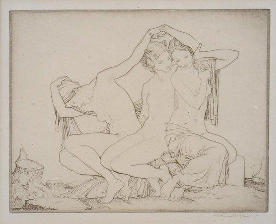 William Russell Flint (1880-1969) Three bathers: William Russell Flint (1880-1969) Three bathers,etching, printed in sepia with plate-tone, on laid paper, signed lower right, 120 x 150mm. (4 3/4 x 5 3/4 in); with Three Poor Travellers, etchi
