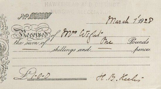 Potter (Beatrix) Printed receipt signed "H.B. Heel: Potter (Beatrix) Printed receipt signed "H.B. Heelis" with autograph additions,acknowledging receipt of £1 from Mrs Wight, lightly ink-stamped 'Hawkshead and District Nursing Association', 65