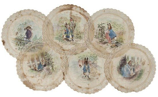 [Potter (Beatrix)] A set of six doyleys: [Potter (Beatrix)] A set of six doyleysdepicting Peter Rabbit, Mr. & Mrs. Rabbit and the Flopsy Bunnies, hand-painted on silk, some browning to edges, but overall in good condition, 140 mm. ro