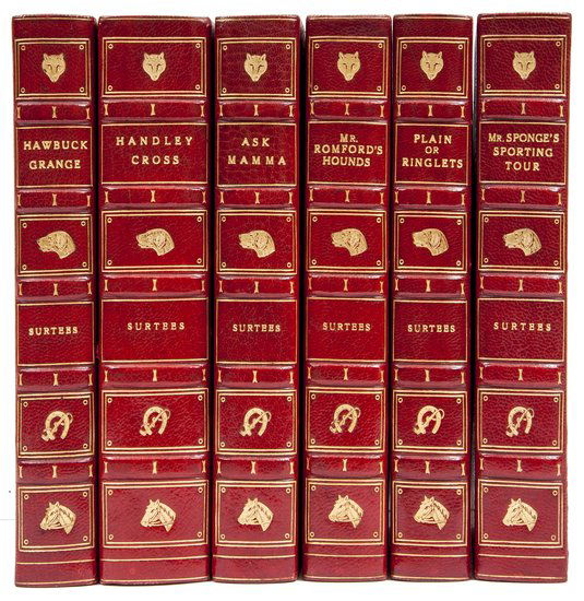 [Surtees (Robert Smith] [Sporting Novels]: [Surtees (Robert Smith] [Sporting Novels],6 vol., hand-coloured plates, illustrations, uniformly bound in half red crushed morocco, gilt, spines gilt in compartments with sporting devices, t.e