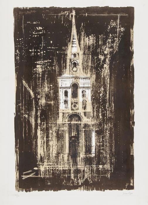 John Piper (1903-1992) Christ Church, Spitalfields: John Piper (1903-1992) Christ Church, Spitalfields, London, by Nicholas Hawksmoor (L.142)lithograph printed in colours, 1964, from the portfolio 'A Retrospect of Churches', signed in pencil, n