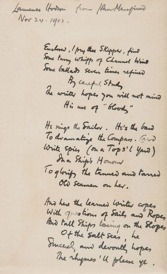 Masefield (John) Salt-Water Ballads: Masefield (John) Salt-Water Ballads,first edition, presentation copy, inscribed by the author to Laurence Hodson with a long poem on front endleaf, original blue buckram, t.e.g., 8vo, Grant Ri