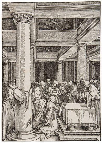 Durer (Albrecht) The Presentation of Christ in the: Durer (Albrecht) The Presentation of Christ in the Temple,woodcut, cut close, slightly affecting border, left hand edge strengthened in two places, escutcheon watermark, Meder a, [B. 88; Holl.