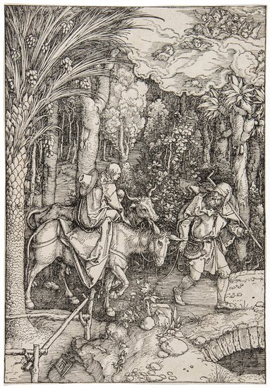 Durer (Albrecht) The Flight into Egypt: Durer (Albrecht) The Flight into Egypt,woodcut with descriptive text in Latin on back, cut close, slightly affecting border, left hand edge strengthened in two places, no apparent watermark,