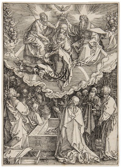 Dürer (Albrecht) The Assumption of the Virgin: Dürer (Albrecht) The Assumption of the Virgin,woodcut, left hand corners strengthened, escutcheon watermark with transverse cross, Meder a-b, [B. 94; Holl. 206; S.M.S. 184], 297mm. by 214mm.,