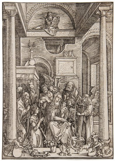 Durer (Albrecht) The Virgin worshipped by Angels a: Durer (Albrecht) The Virgin worshipped by Angels and Saints,woodcut, cut close, slightly affecting border, left hand edge strengthened in two places, escutcheon watermark, Meder a-b, [B. 95; H