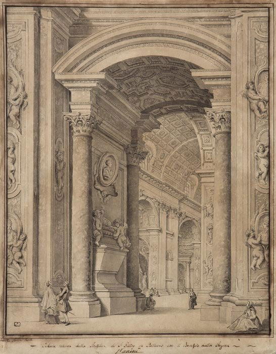 Francesco Panini (1745-1812) View of the interior: Francesco Panini (1745-1812) View of the interior of St. Peter's Basilica, Rome, with the tomb of Queen Christina of Swedenpen and grey and black ink, grey wash with touches of yellow wash, wi