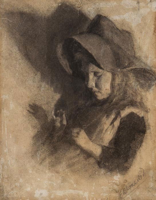 British School (19th century) Portrait of a young: British School (19th century) Portrait of a young girl sewing,black chalk, indistinctly signed lower right, 25 x 19.5cm (9 3/4 x 7 3/4 in); with a monochrome watercolour of a young girl, by a