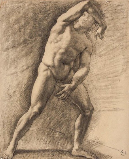 Armand Point (1860-1932) A male nude, turned to th: Armand Point (1860-1932) A male nude, turned to the right, his arm shielding his eyes,black chalk on light brown paper, the artist's studio sale stamp lower right [Lugt 2034b], 65 x 50cm (25 1