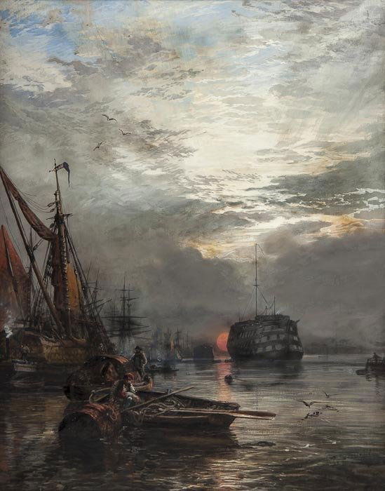 Samuel Bough RSA (1822-1878) The Dreadnought from: Samuel Bough RSA (1822-1878) The Dreadnought from Greenwich Stairs - Sun sinking into Vapour,gouache on canvas, signed Sam Bough, and dated 1861, lower left, 90 x 71cm (35 1/2 x 28 in). Wit