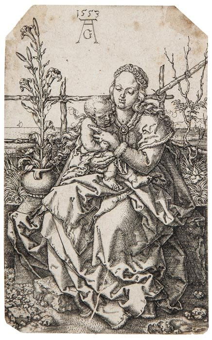 Heinrich Aldegrever (c.1501-1555) The Virgin with: Heinrich Aldegrever (c.1501-1555) The Virgin with Child seated on a grassy bank,engraving, on laid paper, c.1553, [B. 52; Holl. 52], 105 x 70mm. (4 1/4 x 2 3/4 in), unframed.