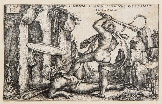 Hans Sebald Beham (1500-1550) Hercules Fighting ag: Hans Sebald Beham (1500-1550) Hercules Fighting against the Trojans,from the Labours of Hercules series, engraving on laid paper, 1545, a good impression, second state of three, [B.101], 52 x