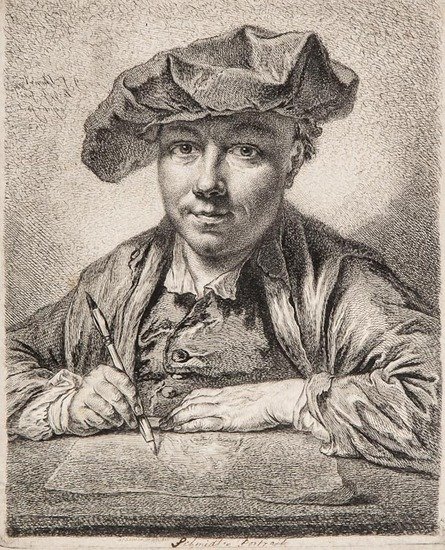 George Friedrich Schmidt (1712-1775) Self-portrait: George Friedrich Schmidt (1712-1775) Self-portrait,etching, [J.134; W.102 II], signed in the plate below, inscribed and dated in the plate upper right, 1752, inscribed in bistre ink in an earl