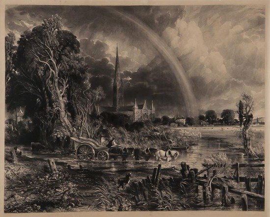 David Lucas (1802-1881) Salisbury Cathedral from t: David Lucas (1802-1881) Salisbury Cathedral from the Meadows, the Rainbow,after John Constable R.A., mezzotint, [W.50], proof before all letters, with rainbow returned upper left, 1837, 610 x
