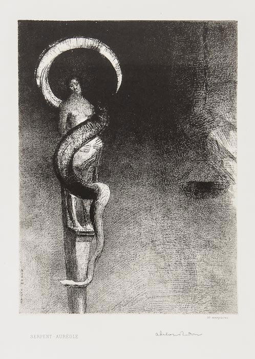Odilon Redon (1840-1916) Serpent-halo: Odilon Redon (1840-1916) Serpent-halo,lithograph, on chine appliqué, 1890, signed in pencil, [Mellerio 108], from the edition of 50, published by Vecquet, Dumont and Durand-Ruel, anonymous col