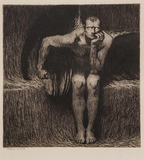 Franz von Stuck (1863-1928) Lucifer: Franz von Stuck (1863-1928) Lucifer,etching with drypoint, faintly signed in pencil lower right, [1890], 230 x 210mm. (9 x 8 1/4 in), unframed.