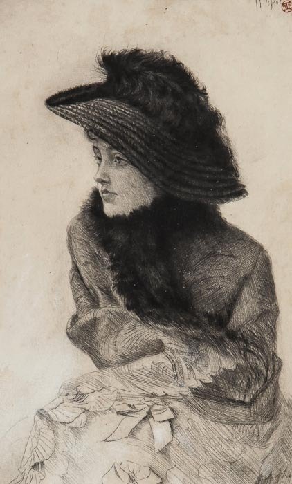 James Jacques Joseph Tissot (1836-1902) Portrait o: James Jacques Joseph Tissot (1836-1902) Portrait of M.N. (La Frileuse),etching with drypoint, with light surface tone, 1876, the artist's red ink stamp upper right [Lugt 1545], [Wentworth, 26]