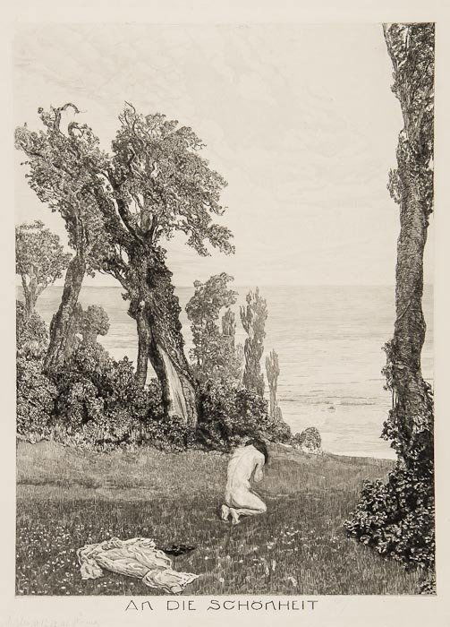 Max Klinger (1857-1920) To Beauty: Max Klinger (1857-1920) To Beauty,from On Death II, etching with drypoint, signed in pencil and dated '91 lower left, [Singer 241], 400 x 310mm. (15 3/4 x 12 1/4 in); with Titans and Lovers in